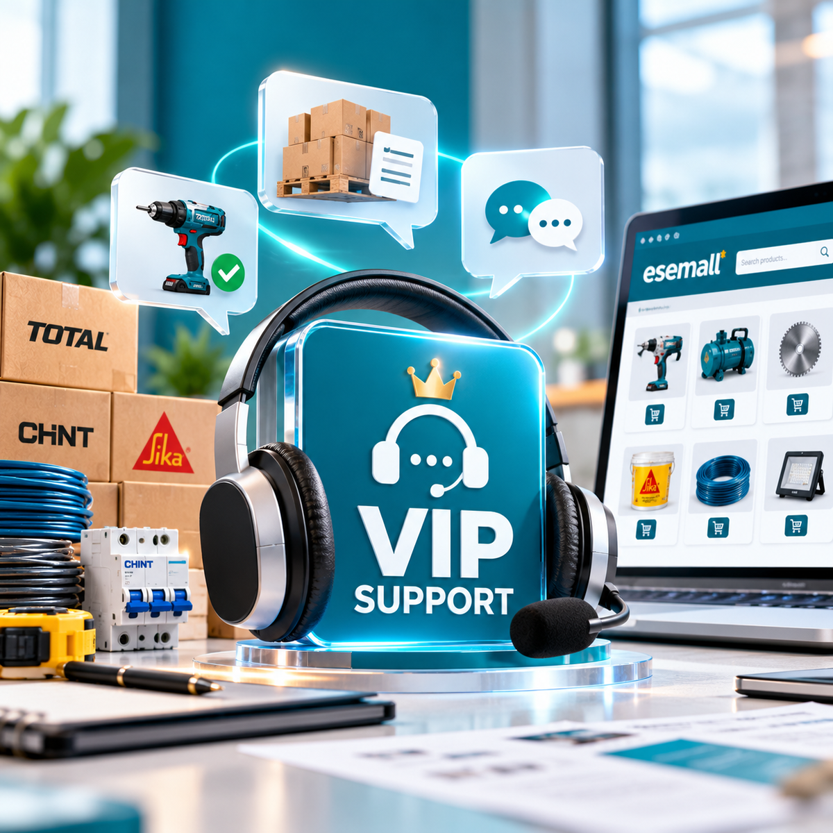 A digital mockup of a VIP support headset on a desk, surrounded by construction tools, cardboard boxes, and a laptop displaying an e-commerce catalog. Floating speech bubbles show a drill, a pallet of boxes, and a chat icon, with the central headset screen reading 'VIP SUPPORT' under a gold crown.