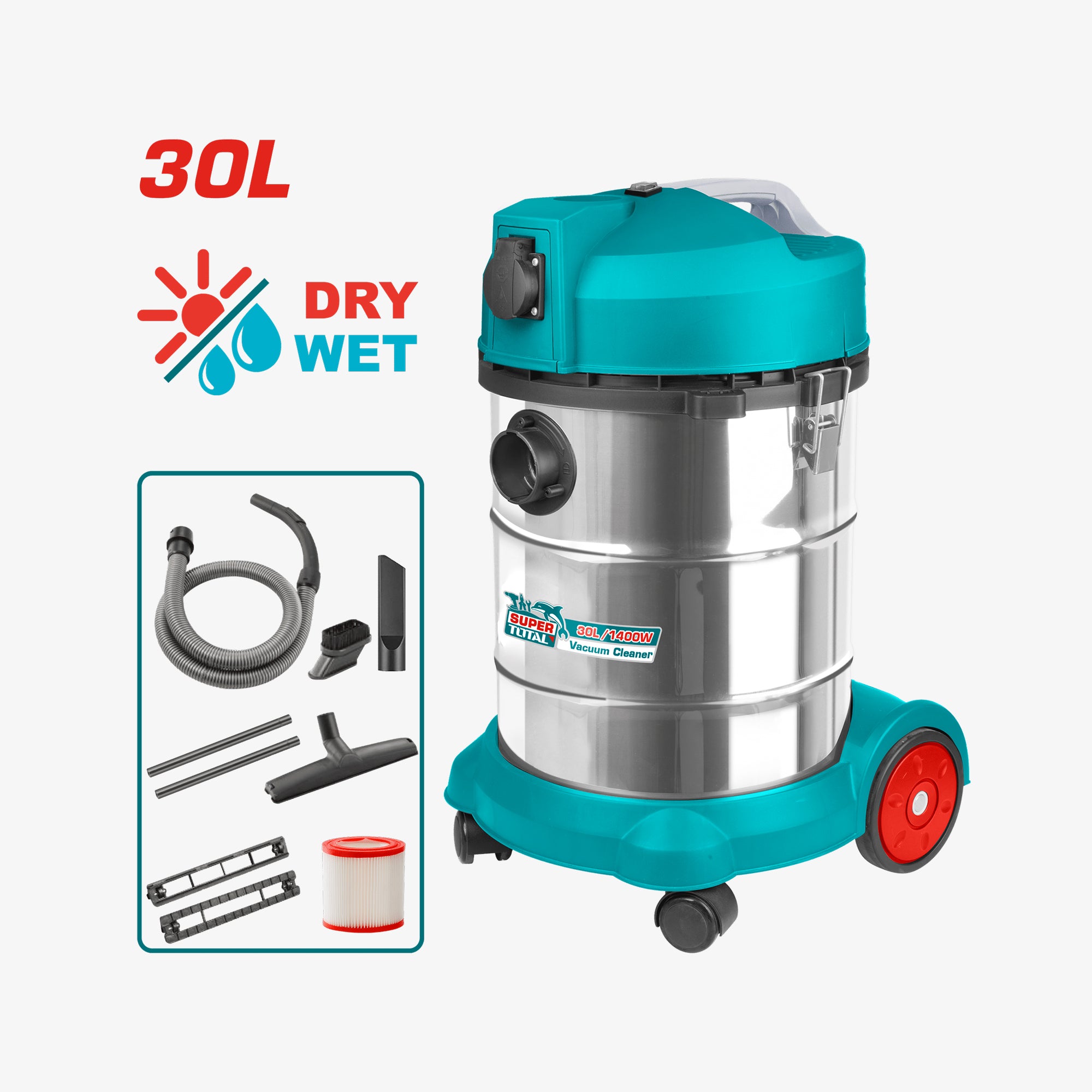 Turquoise and silver wet and dry vacuum cleaner with accessories on a white background