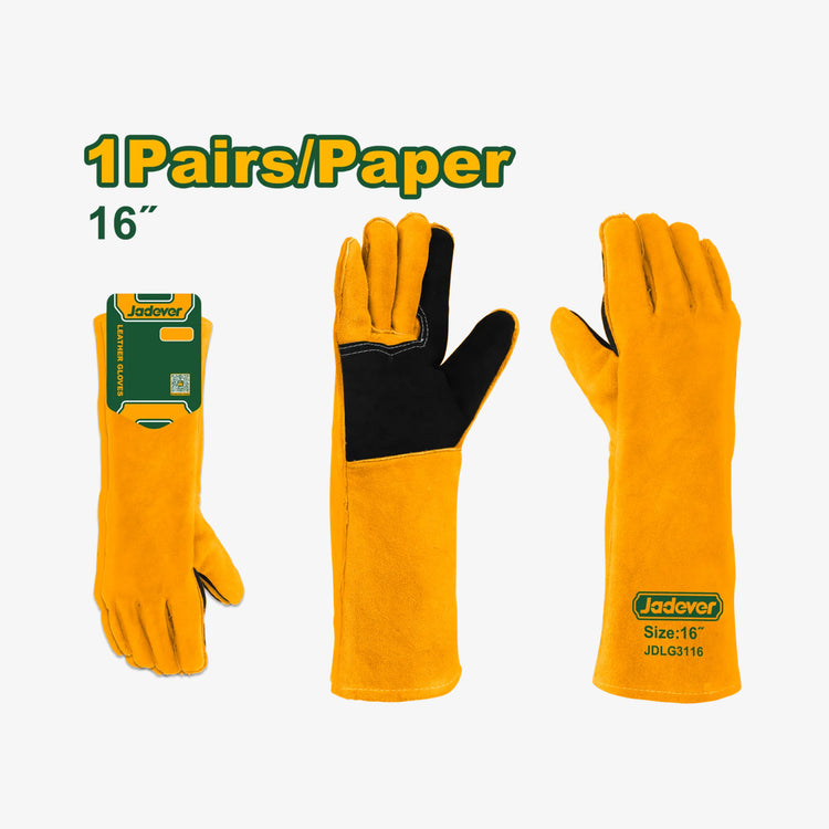 Orange welding gloves with black cuffs on a white background, featuring the brand 'Jadever'.