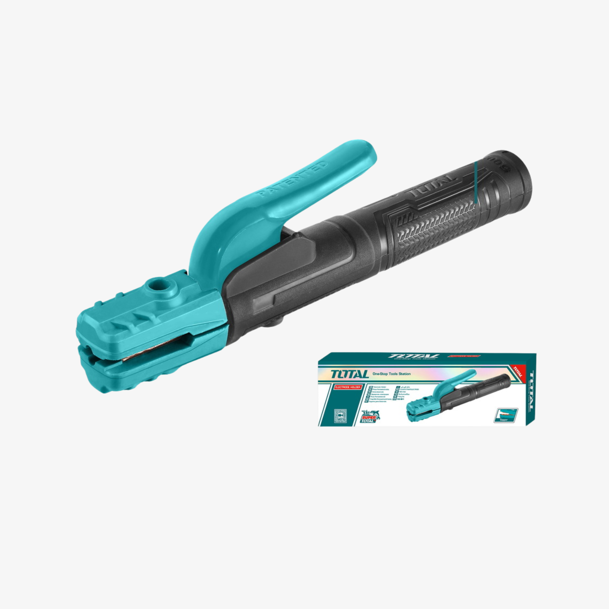 Turquoise and black welding gun with packaging on a white background